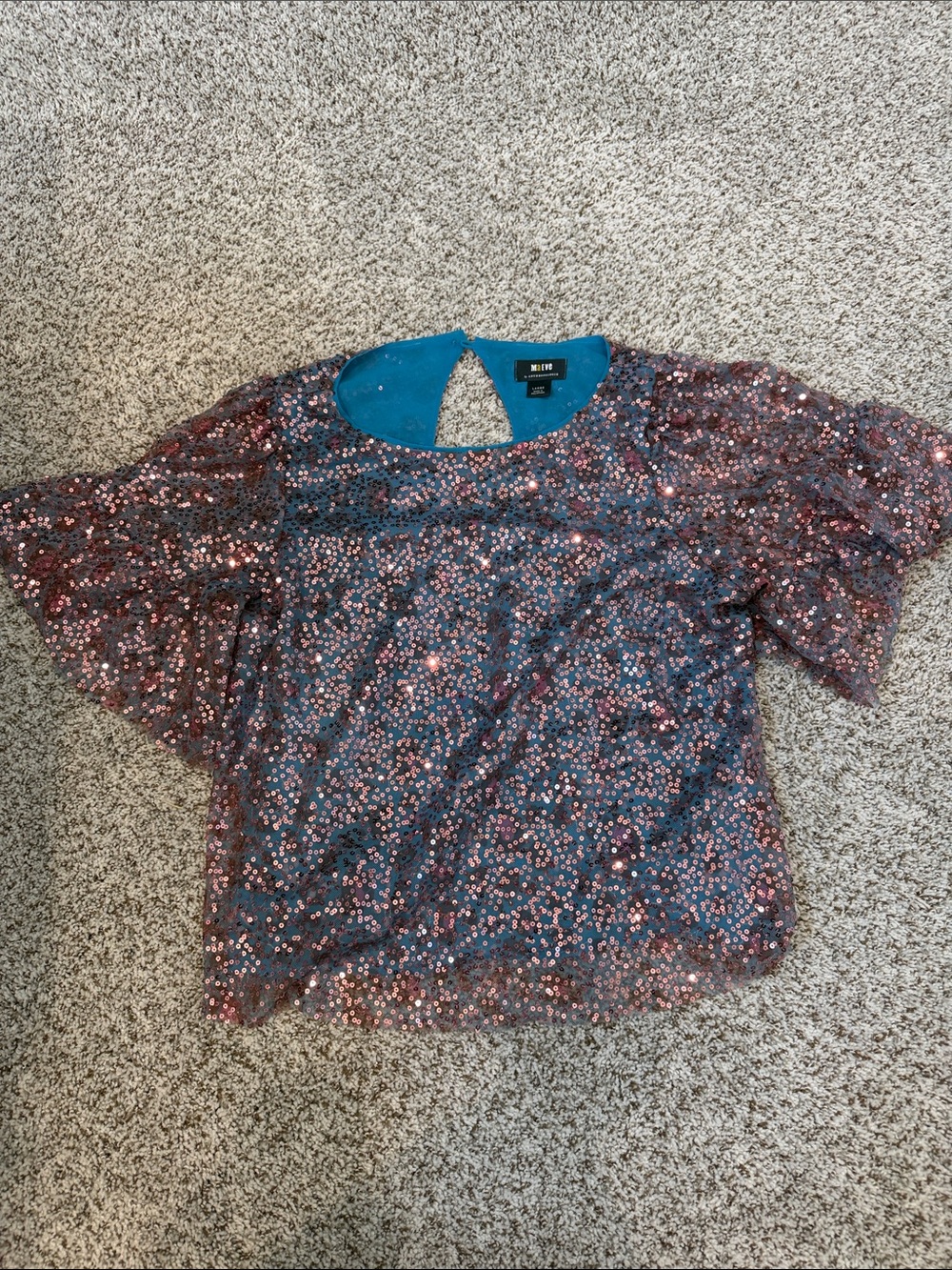 Maeve Teal and Rose Pink Sequin Flutter-Sleeve Blouse
